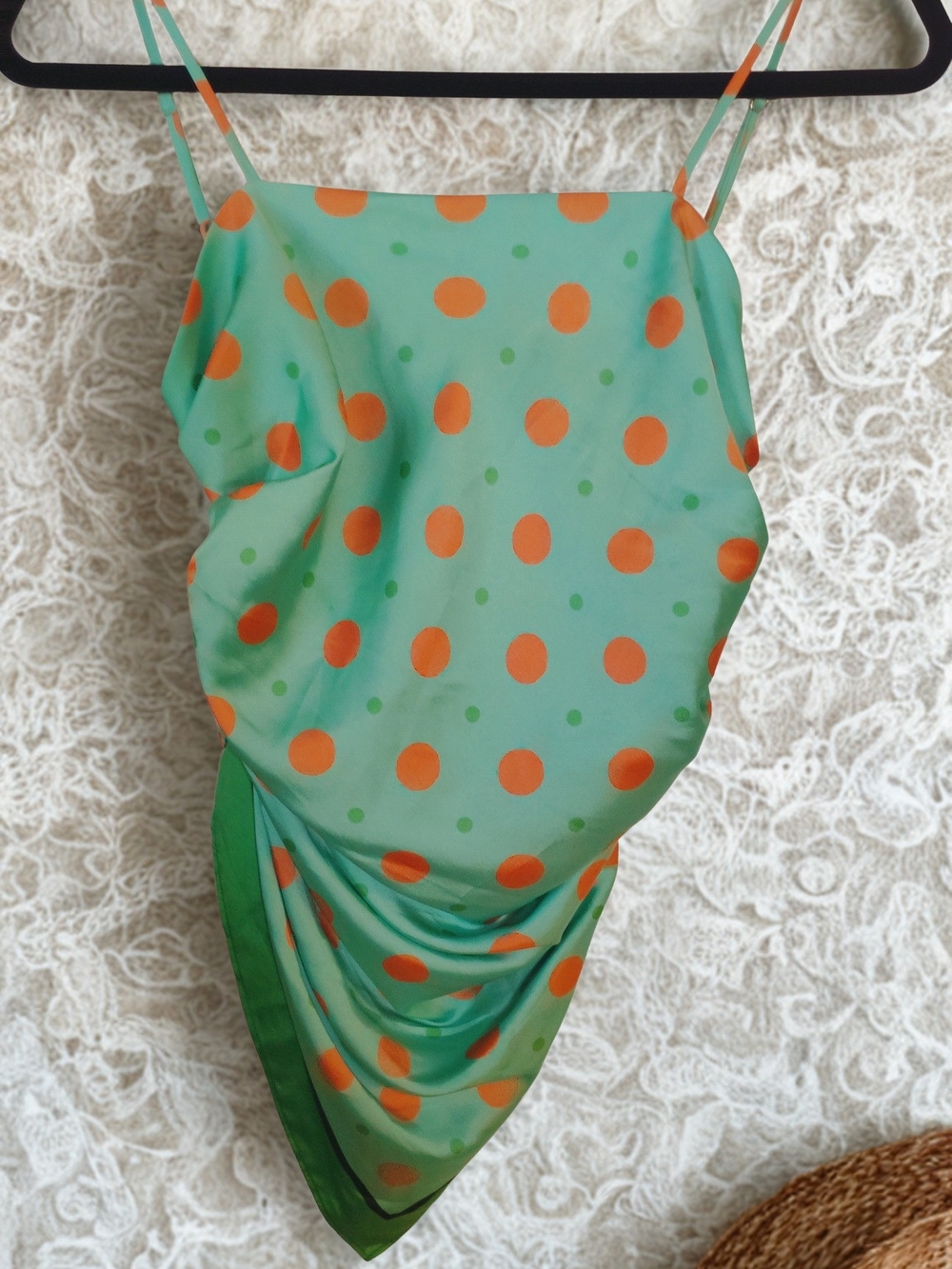 Zara Polka Dot Handkerchief Cami Top - Green with Orange Dots